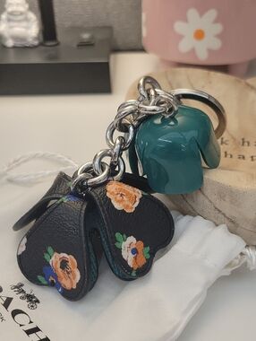 NWOT COACH Resin & Leather Tea Rose Keychain with Silver Hardware